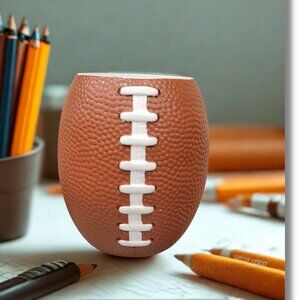 3D Printed Football Pencil Holder, Brown Desk Organizer, 5.5″ Unique Office Déc